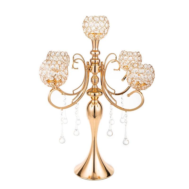 LANLONG Gold Centerpiece for Table, 25.6in Candle Holder for Table Centerpieces, 5Arms Tall Crystal Candelabra Candle Holder, Candelabra Centerpieces for Table Wedding Christmas Party Event - Image 1